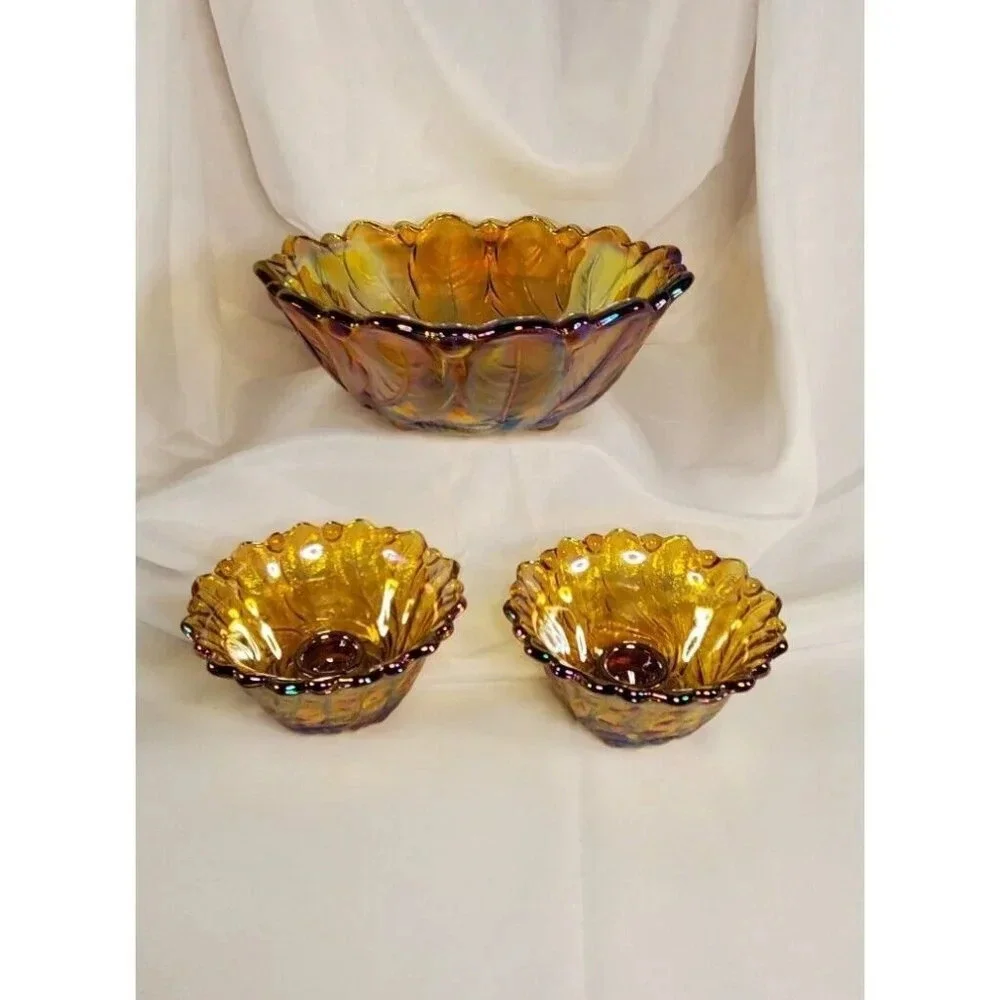 Vtg Indiana Glass Iridescent Gold Carnival Glass #1211 3pc Console Set Footed - Picture 2 of 13